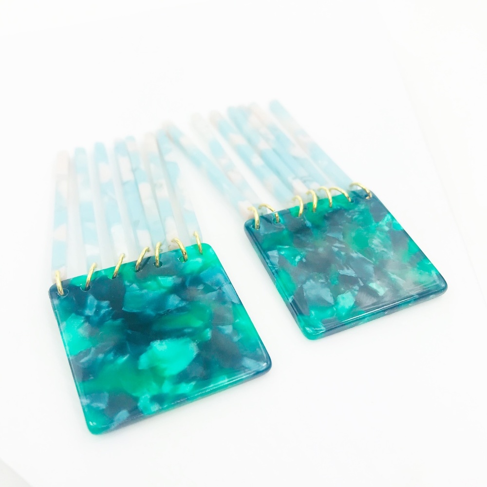 Square Earrings in Green with Blue Fringe - Picture 5 of 7
